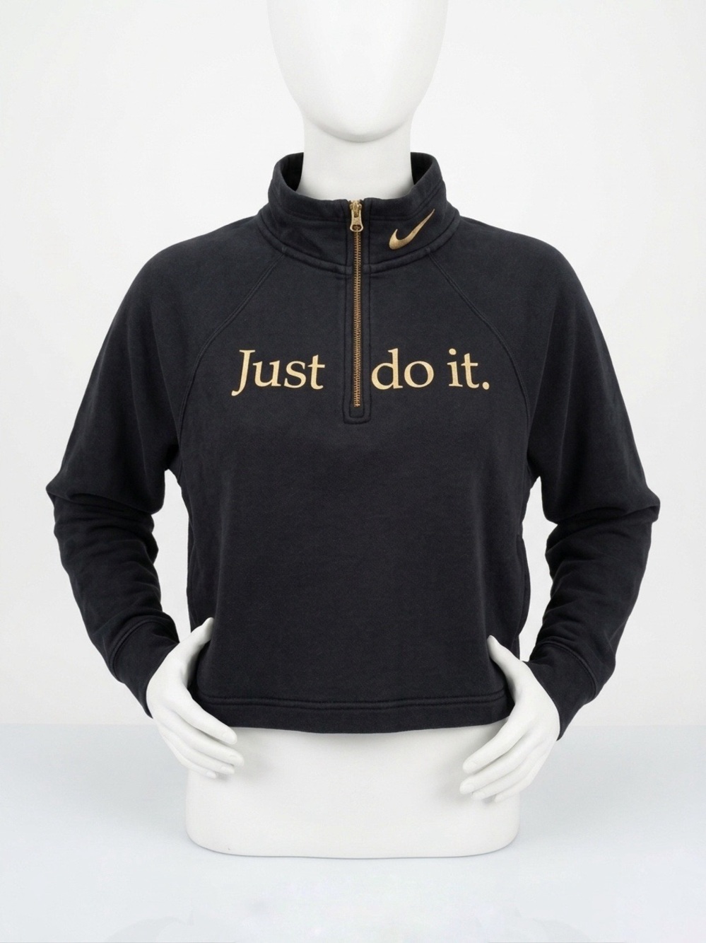 Nike Just Do It Cropped 1/4 Zip Sweatshirt Black Gold Pullover XS⁠